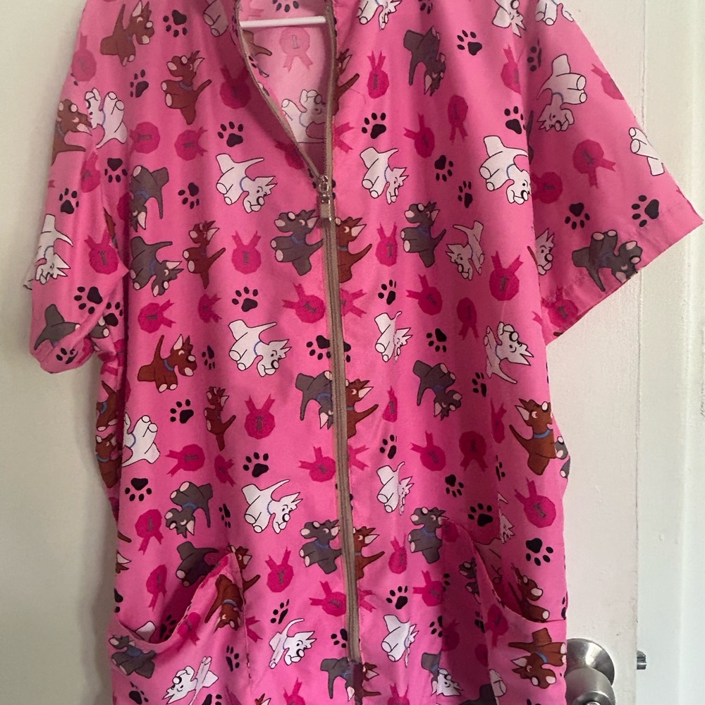 Pink Animal Print Zip-Up Scrub Top